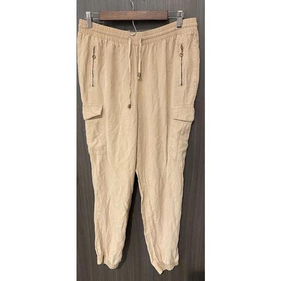 Pants - Womens size Large 100% Tencel Pants Joggers Zipper Pockets Drawstrings Tan NEW